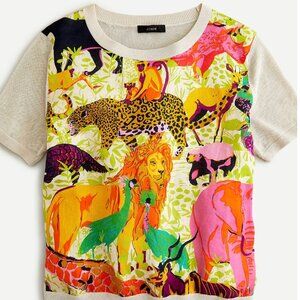 J. Crew Short Sleeve Linen Sweater Ratti Safari Print Size Large Lion Animal L
